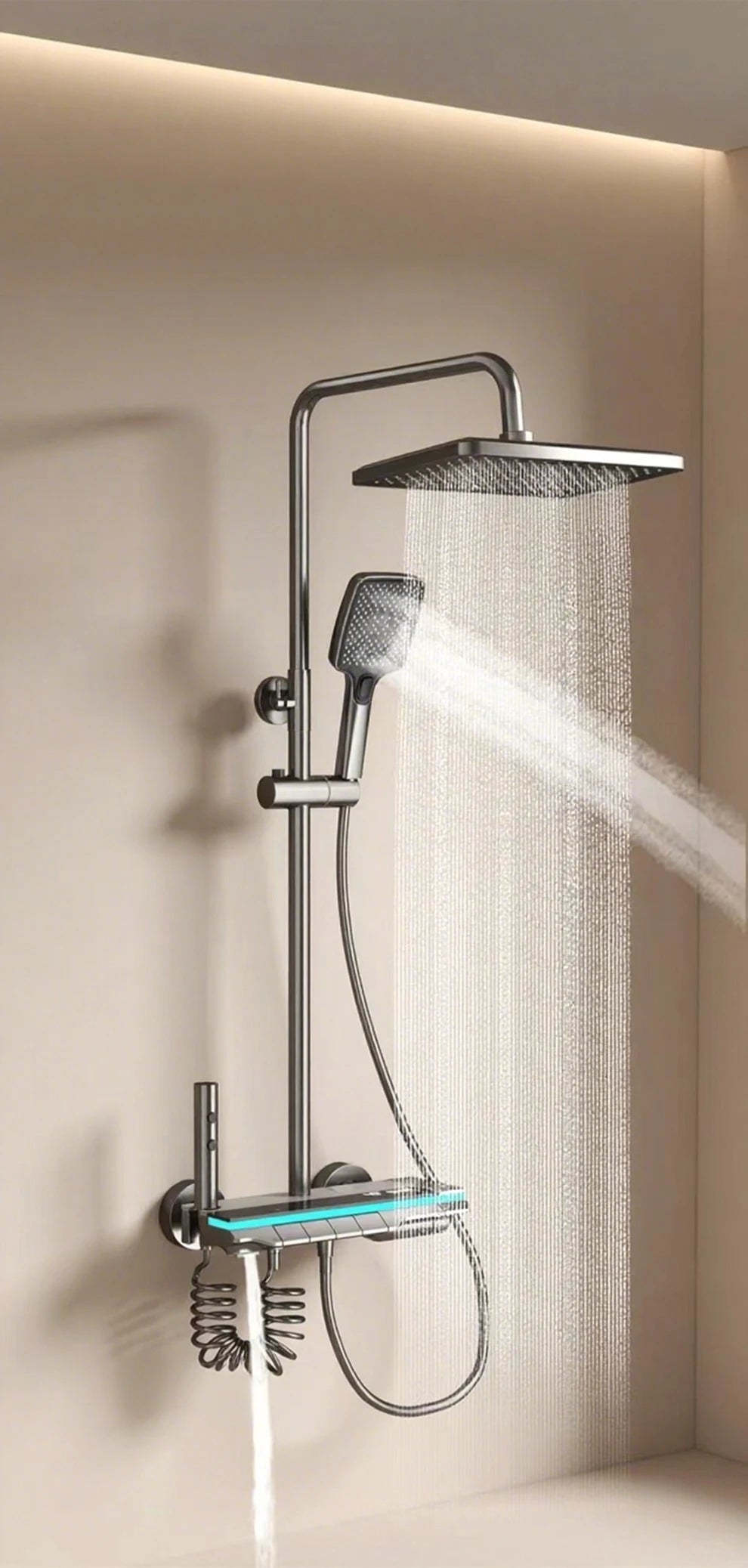 Bathroom Shower System Brass Mirror Surface Temperature-Controlled for Bathtub Faucet with Digital Display, LED Strip