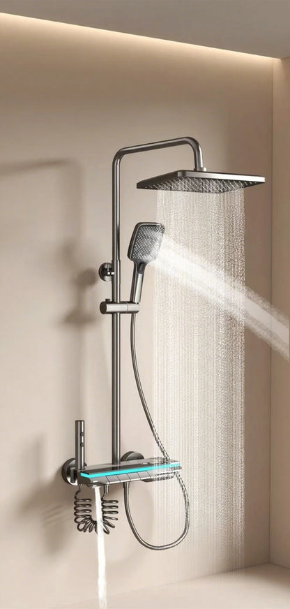 Bathroom Shower System Brass Mirror Surface Temperature-Controlled for Bathtub Faucet with Digital Display, LED Strip