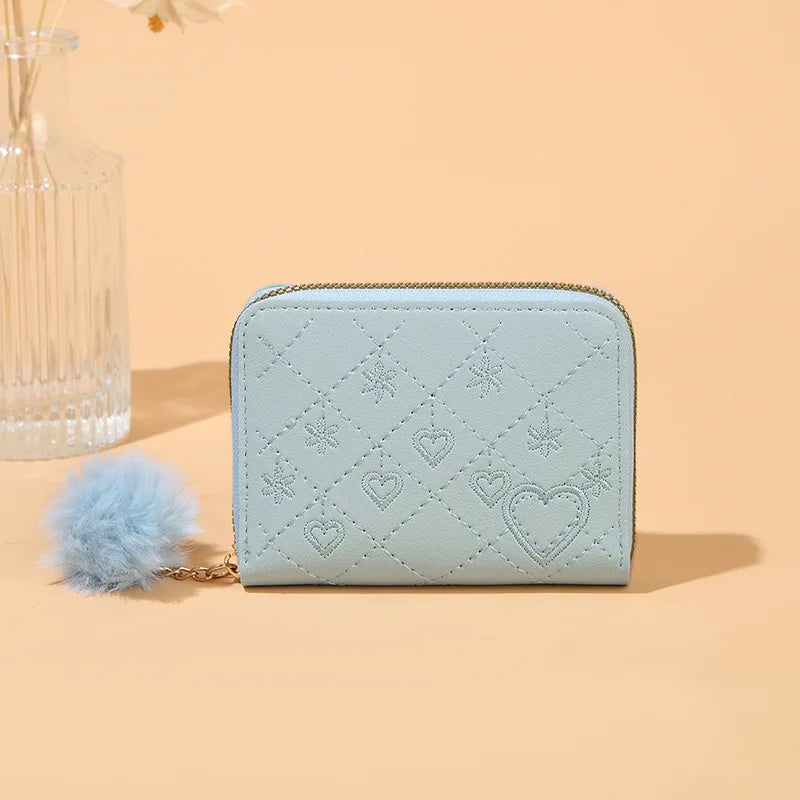 Women Fashion Zipper Wallet with Hairballs Simple Versatile Short Coin Purse Multi-Functional Multi-Card Slot Card Bag