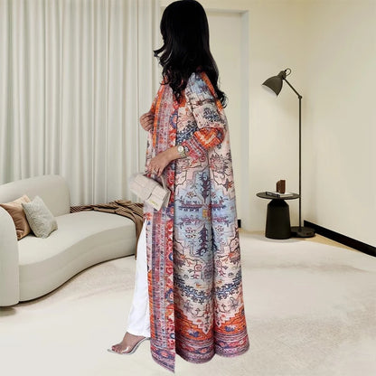 Abaya Miyake Pleated Printed Robe Jacket Arabian Dubai Style Women's Long Sleeve Conservative Demure Muslim Trench Coat 55inches.
