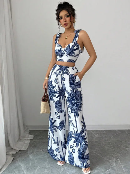 Sexy Strapback Halter Tops Long Pants Female 2-piece Set Summer Fashion Printed Wide-leg Pocket Trousers Elegant Women's Suit.