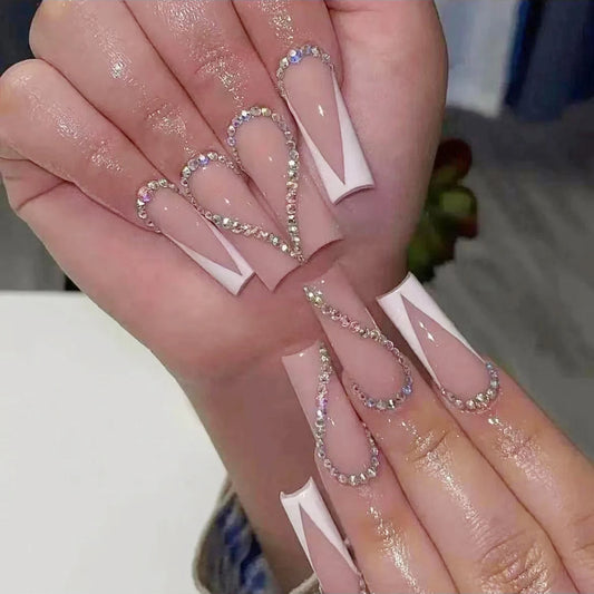 Transform Your Nails with 24pcs Long Coffin White French 3D Rhinestone Decor Fake Nail.