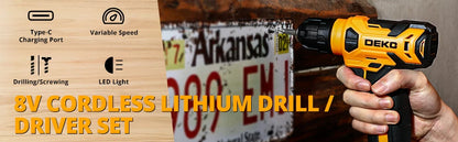 DEKO 126 Stück Elektrowerkzeug-Kombi-Sets, 10 mm, 3/8 Zoll Schnellspannbohrfutter, mit 8 V Akku-Bohrschrauber, professionelle Heim- und Haushalts-DIY-Handwerkzeug-Sets