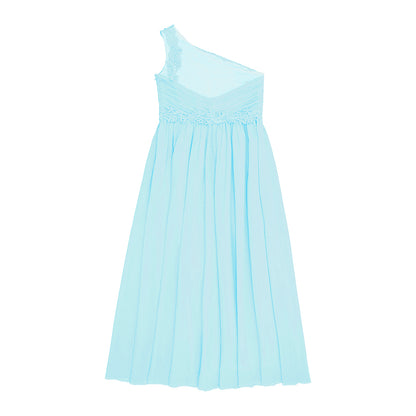 Mädchen Hochzeit Brautjungfer Kleid One Shoulder Elegante Guipure-Spitze Geraffte Chiffon Maxi Party Kleider Geburtstag Abend Abendkleid