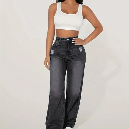 Loose Fit Elastic Fashionable Wide Leg Jeans, Blue Distressed Loose Wide Leg Jeans.