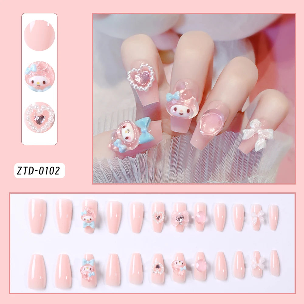 24Pcs 3D kuromi press on nails Y2K Cartoon Handmade Fake Nails Black Gel nail Wearable Nails Cinnamoroll Melody Anime False Nail