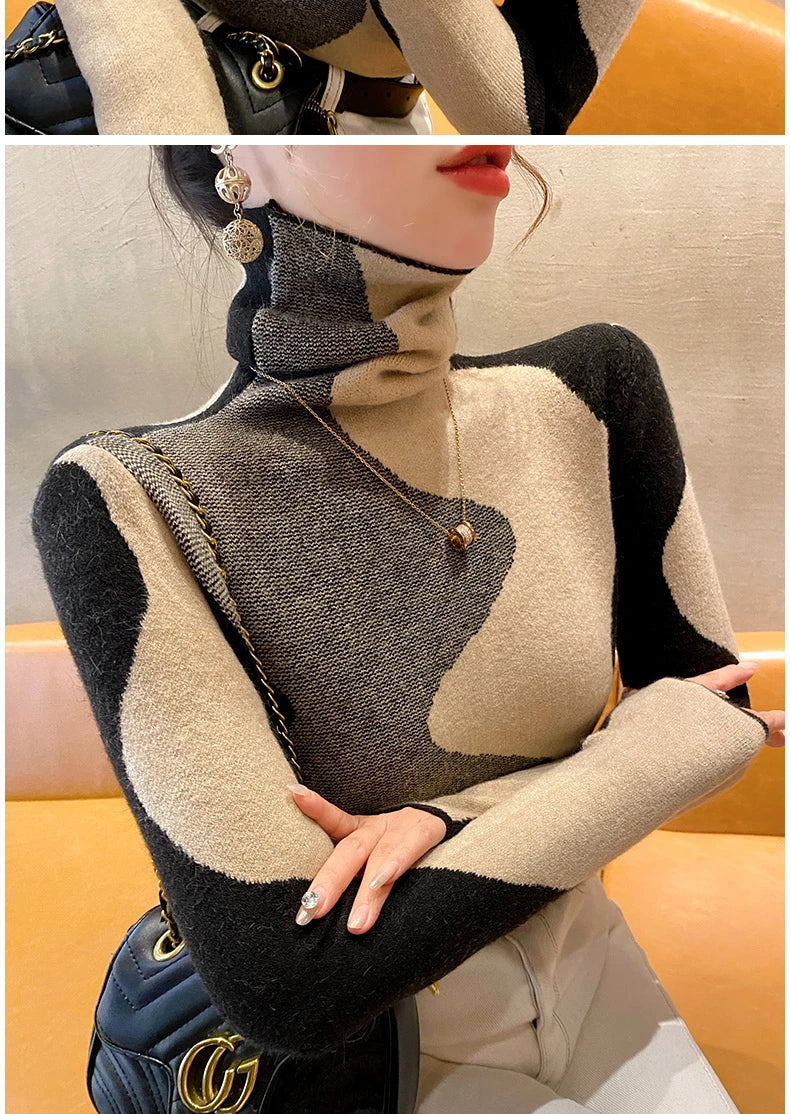 Women Clothing Vintage Fashion Slim Turtleneck Sweaters Autumn Winter Elegant Chic Patchwork Knit Pullovers Office Lady Tops.