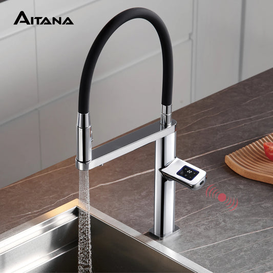Luxury brass gun gray sensing kitchen faucet LED display touch switch hot&cold water pull-out purified water 2 function sink Tap