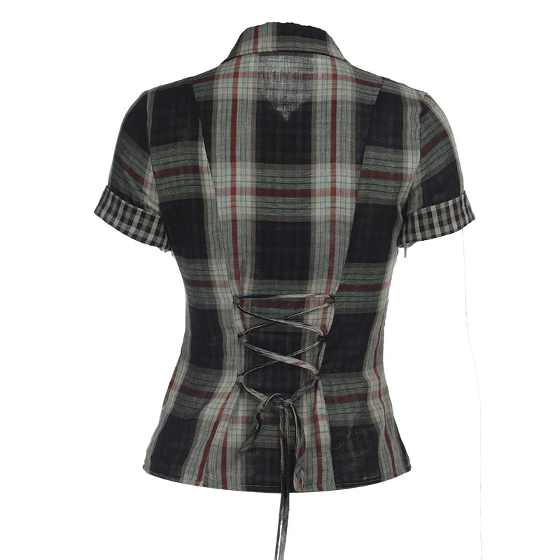 Summer Women Short Sleeve Crop Shirt Gyaru Plaid Blouse Coquette Y2k 2000s Tops Design Gyaru Harajuku Vintage Tide New In 2025.