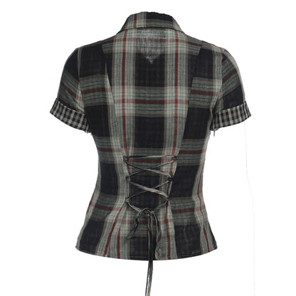 Summer Women Short Sleeve Crop Shirt Gyaru Plaid Blouse Coquette Y2k 2000s Tops Design Gyaru Harajuku Vintage Tide New In 2025.