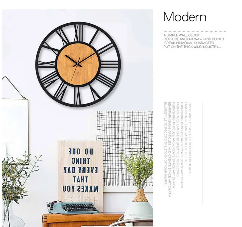 3D Große Wanduhren Nordic Römischen Ziffern Retro Runde Holz Metall Eisen Genaue Stille Hängende Ornament Wohnzimmer Dekoration