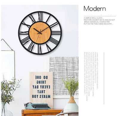 3D Große Wanduhren Nordic Römischen Ziffern Retro Runde Holz Metall Eisen Genaue Stille Hängende Ornament Wohnzimmer Dekoration