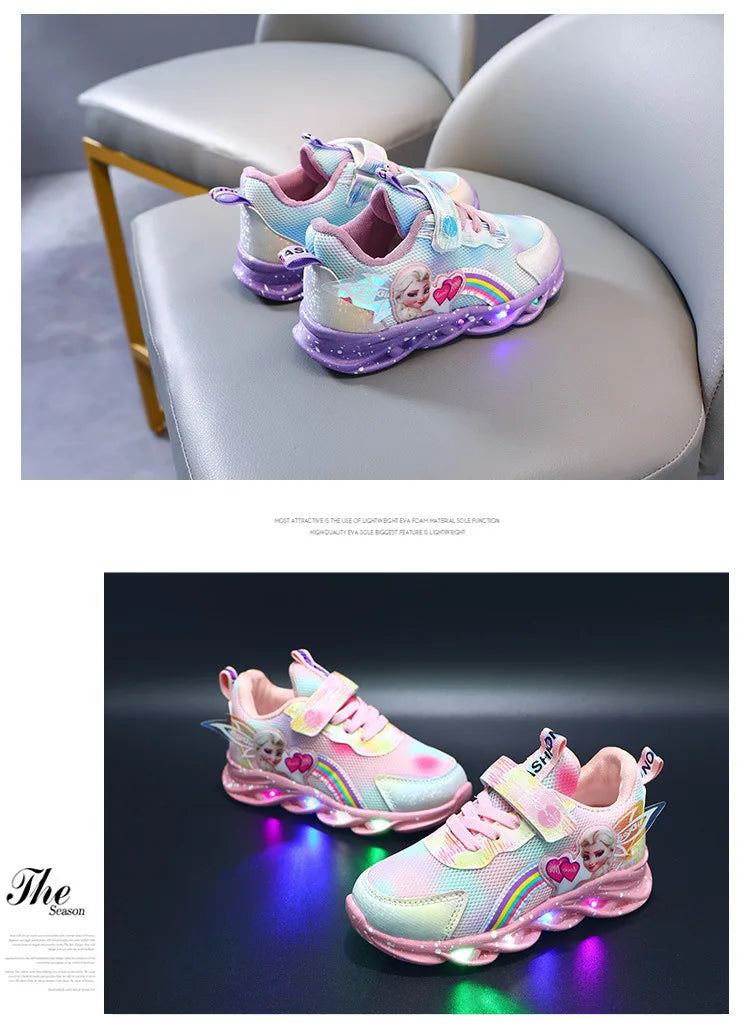 Disney Casual Sneakers LED Lighted For Spring Girls Frozen Elsa Princess Rainbow Outdoor Children Non-slip Pink Purple Shoes.