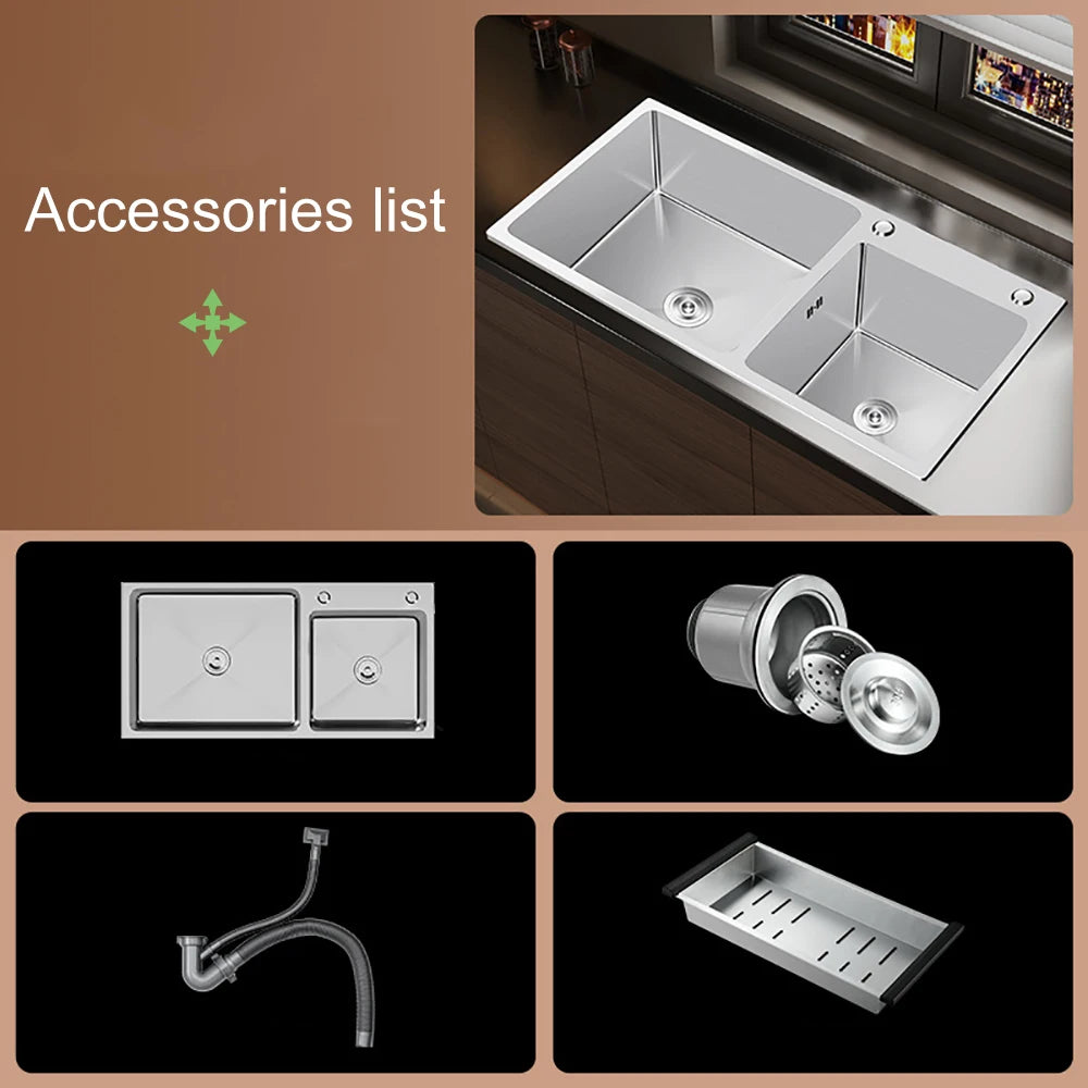 304 Stainless Steel Kitchen Sink Above Counter Undermounter Silver Double Farmhouse Wash Basin with Gourmet Faucet Drainage