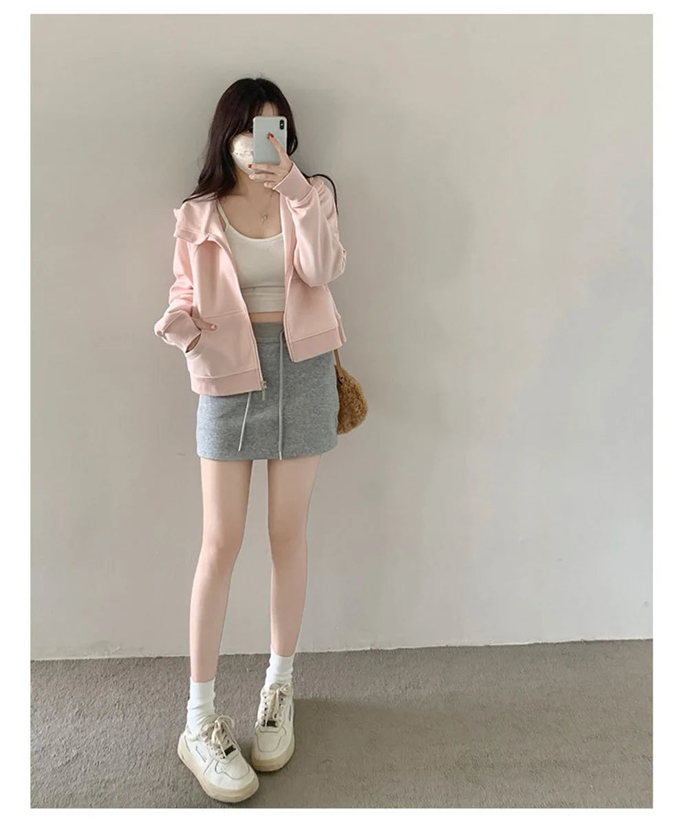 Frühherbstliche, schicke, lässige Kapuzenjacke, schmale Passform, langärmeliges, kurzes Oberteil, warme Strickjacke mit Reißverschluss, koreanischer Stil, Kapuzenpullover.