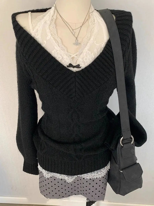 Chic Gothic Slim Sexy Strickpullover Soft Kint Pullover Langarm Skinny Tops Y2k Design Streetwear V-Ausschnitt Fairy Grunge