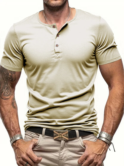 Men's Short Sleeve Henley Neck T-shirt Solid Color Male Tops Slim Fit Button Neck Casual Cozy Tshirt  Streetwear.