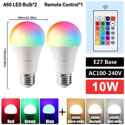 E27 RGB LED Bulb Base 24 Key Remote Control Dimmable 10W RED Blue AC220V 110V Colorful Change for Bedroom Living Room Desk Lamp.