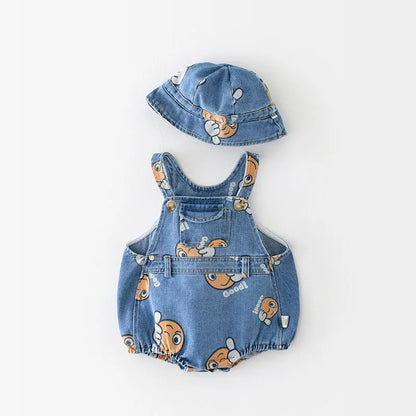 2 Stück Sommer Kinder Baby Denim Bodysuit und Mützen Anzüge einteilige Unisex Kleinkind Jungen Mädchen weiche Jeans Kleidung Jeans Sprung anzüge