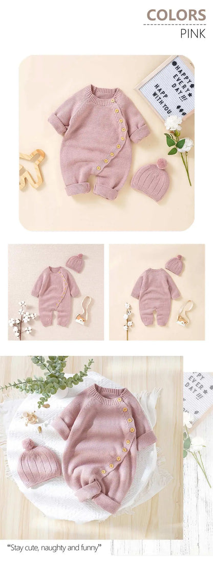 Baby Rompers Knitted Autumn Long Sleeve Newborn Boys Girls Jumpsuits Hats Outfits Sets Winter Solid Infant Netural Overall 0-18m