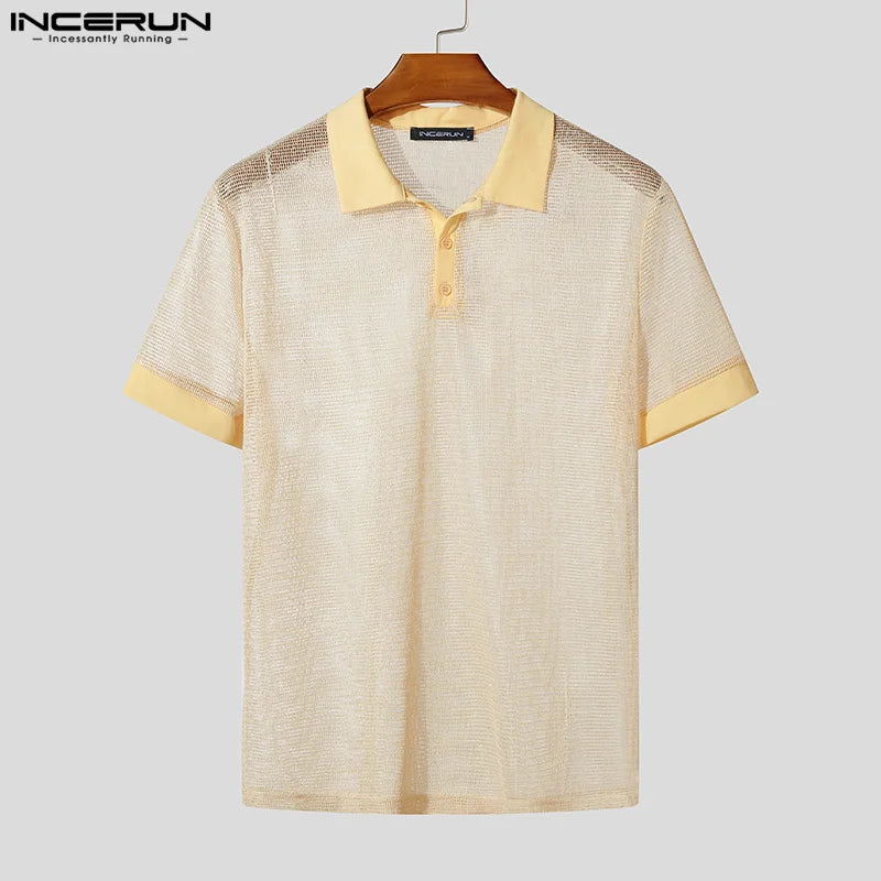 Men Short Sets Fashion Hollow Out INCERUN Two-piece Suits  Men's Sets Streetwear Short Sleeve Tops Shorts Men's Clothing Summer.