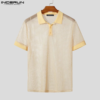 Men Short Sets Fashion Hollow Out INCERUN Two-piece Suits  Men's Sets Streetwear Short Sleeve Tops Shorts Men's Clothing Summer.