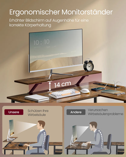 VASAGLE L-förmiger Schreibtisch mit Steckdosen, Eckschreibtisch, Computertisch, Monitorständer, Gaming-Tisch, LED-Beleuchtung