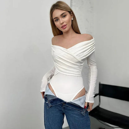 2025 Autumn New Women's Chic V-Neck Off-Shoulder Long Sleeve Slim Fit Office Casual & Daily Jumpsuit Versatile Tunic Tops