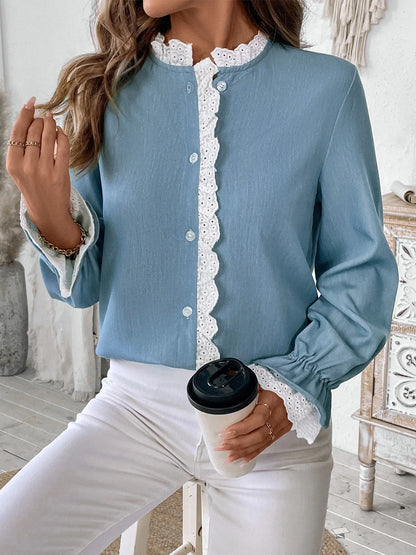 2025 Autumn Female Solid Ruffle Shirt Women Casual Lantern Long Sleeve Top Spring Office Lady Single Breasted Tops Clothes.