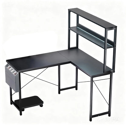 L-förmiger Gaming Schreibtisch mit LED Beleuchtung Doppelregal USB Steckdosen Büro Computertisch