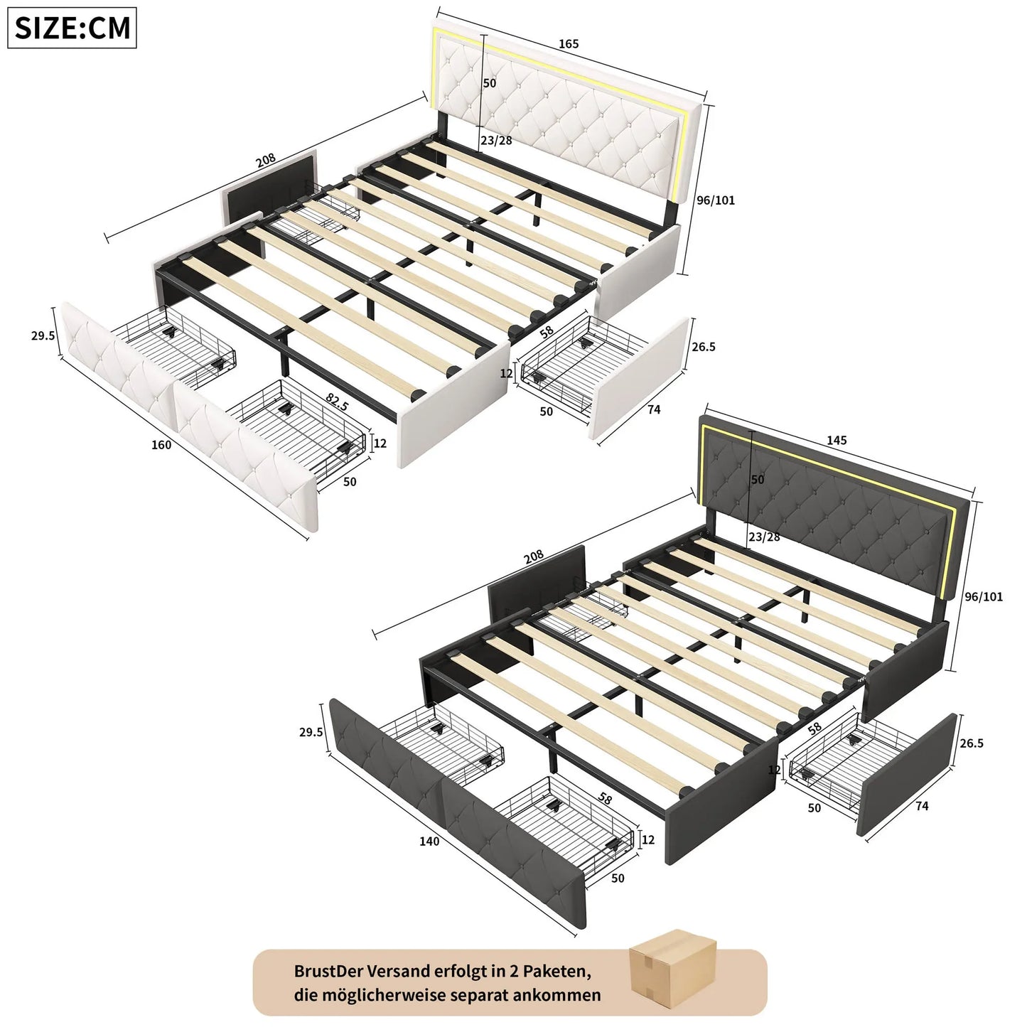 Lazyspace PU-Polsterbett, weißes Einzel- und Doppelbett mit Lattenrost, Holz, mit 4 Schubladen und LED-Kopfteil