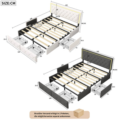 Lazyspace PU-Polsterbett, weißes Einzel- und Doppelbett mit Lattenrost, Holz, mit 4 Schubladen und LED-Kopfteil
