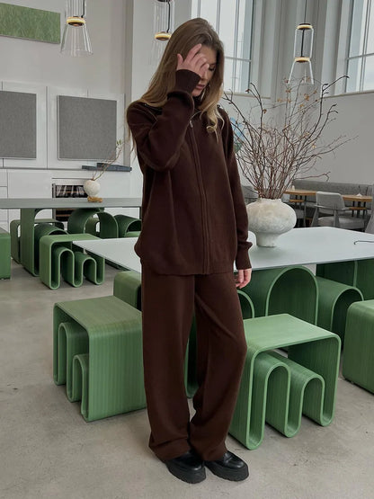 Tornova Zipper Strickjacke Pullover Anzug Weibliche Gestrickte Langarm Casual Mantel Breitbeinig Hosen Pullover frauen Zwei Stück Set