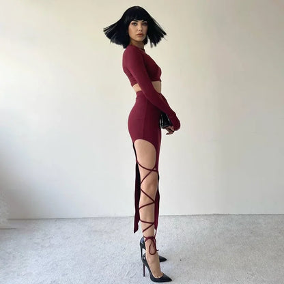 D23st272 Women's Autumn New Solid Color Casual Long Sleeve Round Neck Top Slimming Smooths Your Silhouette Tie Half Dress Suit.