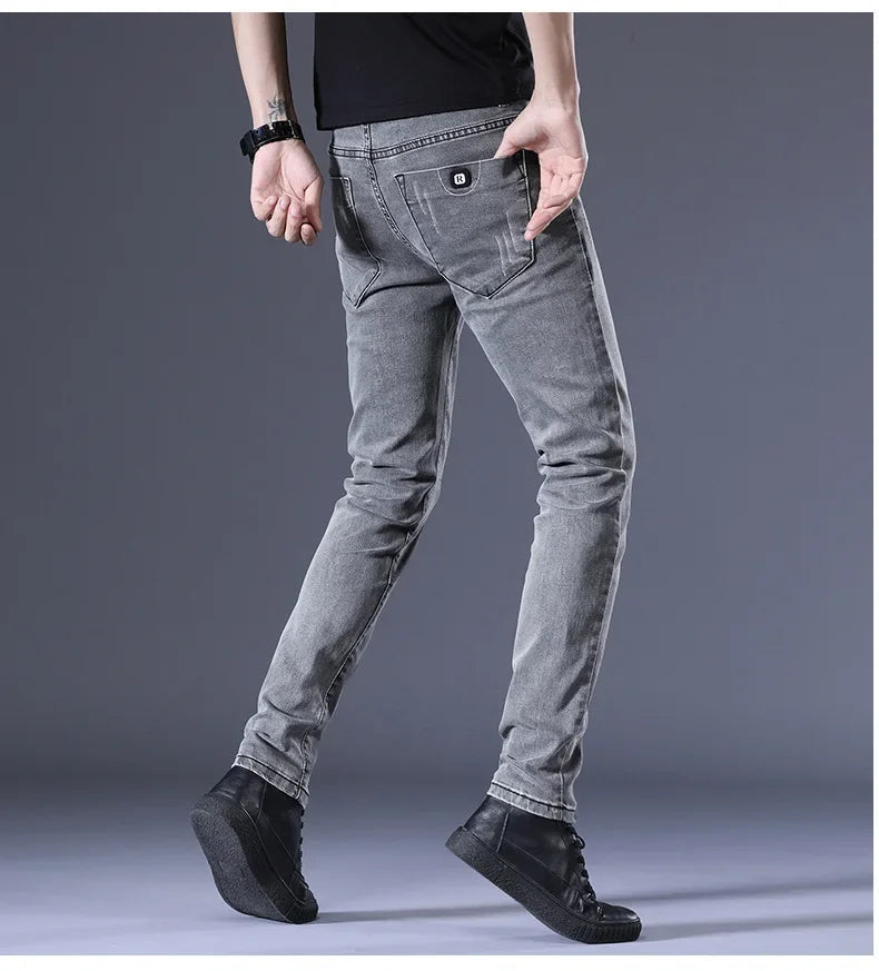 Slim Fit Men's Jeans Casual Elastic Korean Style Autumn Grey Trendy Long Pants Versatile Slim Legged Casual Trousers.