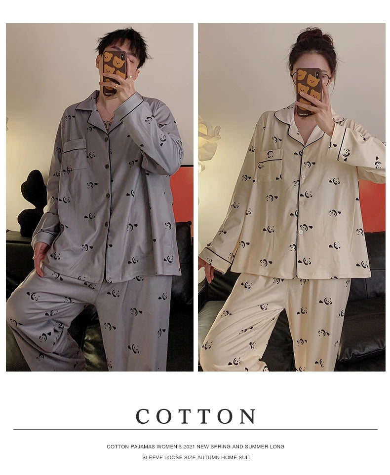 Pajamas Women Pajama Man Set Cotton Plus Size Spring Autumn Long-sleeved Korean Cardigan Casual V-neck Nightwear Couple Pyjamas.
