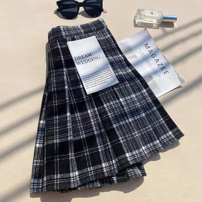 Plaid Woolen Pleated Skirts for Women Fall Winter High Waist Preppy Warm Mini Skirts Lady Fashion Korean All-Match A Line Skirts