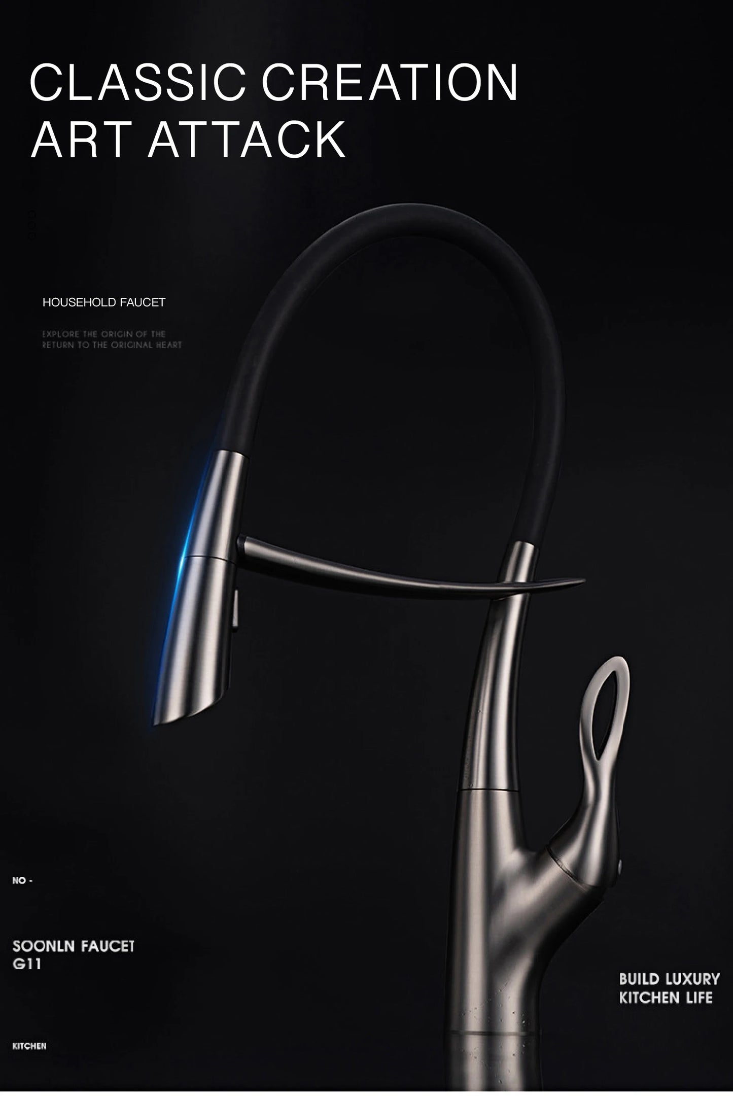 Moderner Luxus-Küchenarmatur aus schwarzem Messing, ausziehbares magnetisches Saugdesign, Einhebelmischer für heißes und kaltes Wasser mit 2 Funktionen