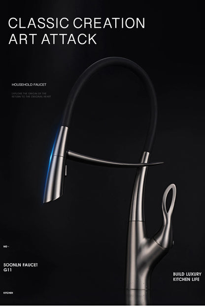 Moderner Luxus-Küchenarmatur aus schwarzem Messing, ausziehbares magnetisches Saugdesign, Einhebelmischer für heißes und kaltes Wasser mit 2 Funktionen