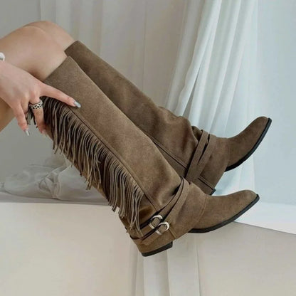 Suede Tall Boots Fall New Pointed Toe Belt Buckle Tassel Soft Sole Non-Slip Block Heel Boots.
