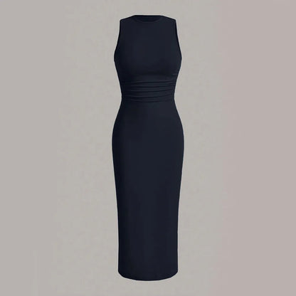 Mia Muse Damenkleider für alle Jahreszeiten, minimalistisch, schlicht, ärmellos, Rundhalsausschnitt, Wickel-MIDI-Partykleider