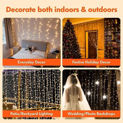 300 LED-Vorhang-Lichterkette, 8 Modi, USB-Stecker, Kupferdraht, Lichterkette für Schlafzimmer, Fenster, Weihnachten, Hochzeit, Party, warmweiß.