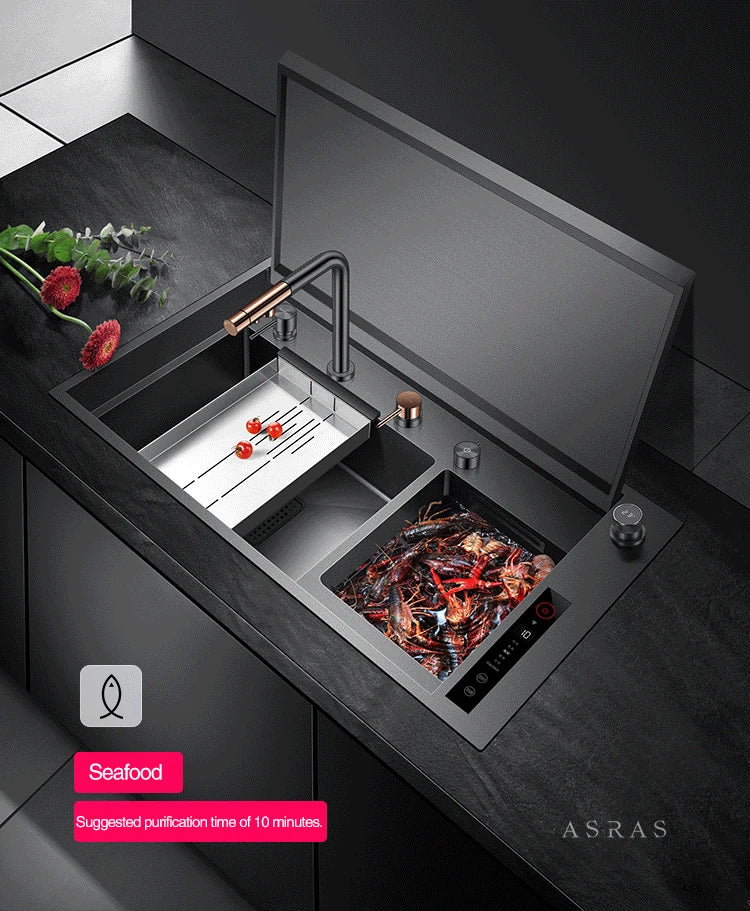 ASRAS Hidden Double Sinks Smart Purifying Kitchen Island Sinks Flip Cover Hidden 4mm Thickness Handmade kitchen Sinks