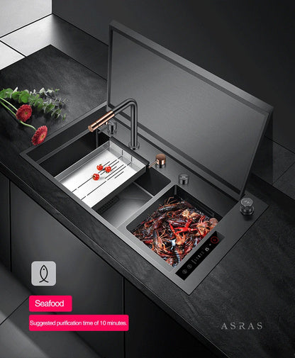 ASRAS Hidden Double Sinks Smart Purifying Kitchen Island Sinks Flip Cover Hidden 4mm Thickness Handmade kitchen Sinks