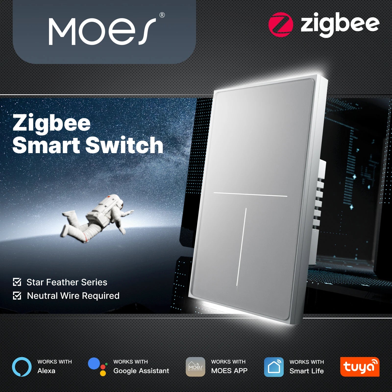 MOES Tuya ZigBee Star Feather Schalter US Smart Air Touch mit neutraler Lichtszene 2in1 APP-Fernbedienung mit Alexa Google Home.