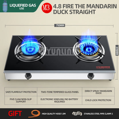 Household Desktop Natural Gas Liquefied Gas Timing Stove Double-Hole Fierce Fire Kitchen Cooker Tool.