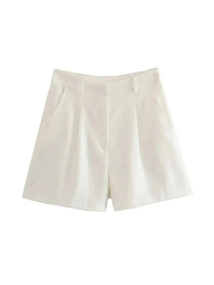 Women Fashion With Pockets Front Pleats Linen Blend Shorts Vintage High Waist Zipper Fly Female Short Pants Mujer.