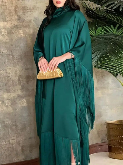 Eid Satin Luxury Green White Black Pink Khimar Tassel Butterfly Batwing Abaya For Women Islam Muslim Maxi Dress Kaftan Kebaya