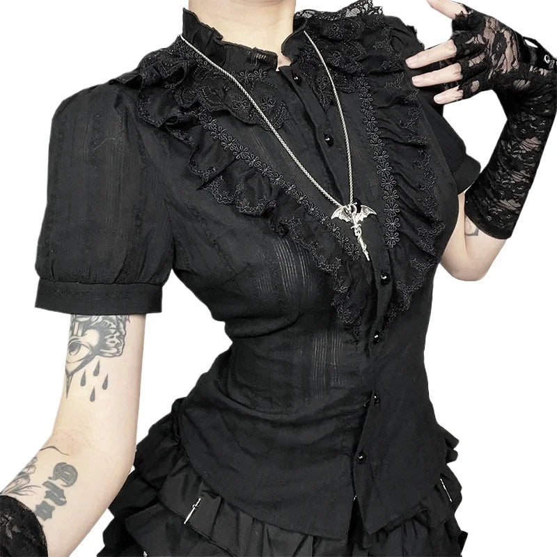 Sweet Lolita Cotton Shirts Women Vintage Gothic Black White Jacquard Short Sleeve Blouses Elegant Office Lady Y2k Tops.