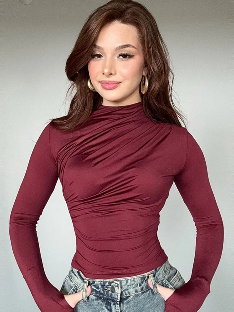 Turtleneck Women Tees Sexy Slim Long Sleeve Pleated All-match Basic Lady T-shirts Spring Autumn Fashion Chic Female Top 2025.